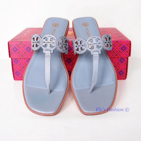 NIB Tory Burch Tiny Miller Logo Leather Thong Sandal Cloud Blue US 8.5 AUTHENTIC - Picture 5 of 16